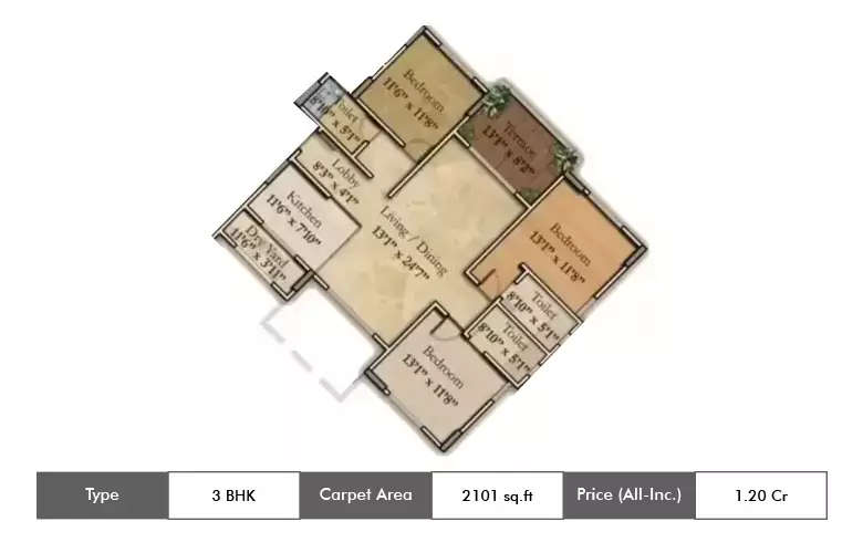 Floor plan for 3 BHK
