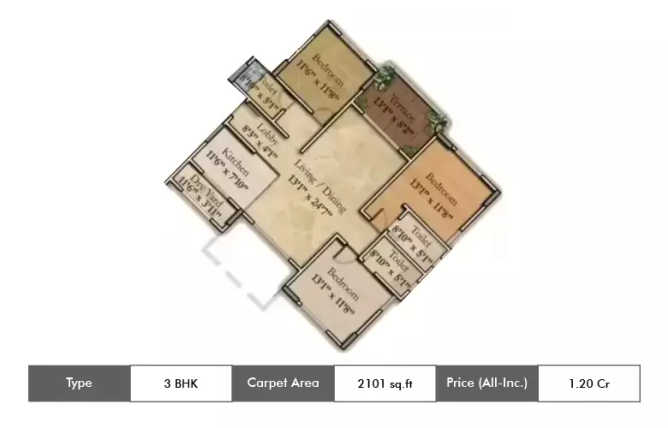 Kumar Princetown Royal Mohammed Wadi - Floor plan 3 BHK 2101 Sq.ft