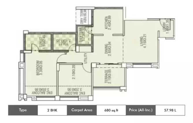 Kumar Princeville Moshi - Floor plan 2 BHK 680 Sq.ft