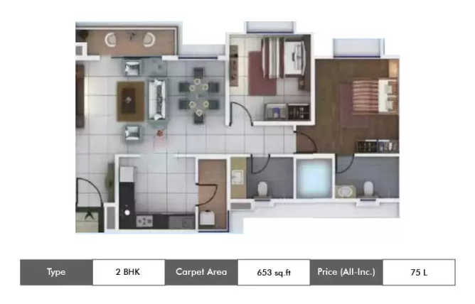 Kumar Megapolis Mystic Hinjewadi - Floor plan 2 BHK 653 Sq.ft