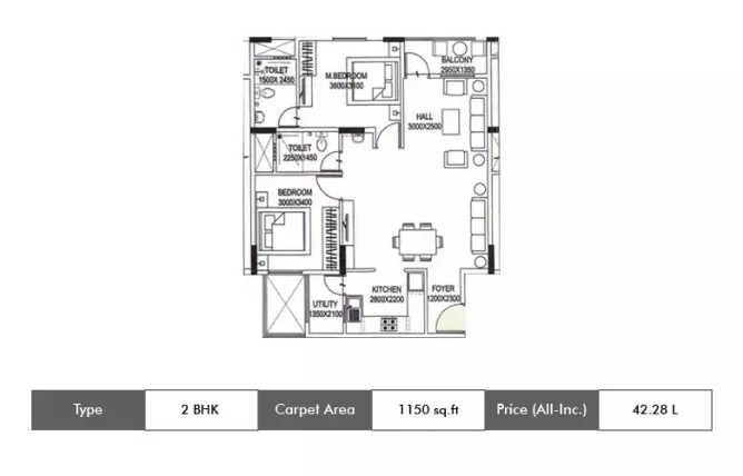 Shriram Smrithi Sarjapura - Floor plan 2 BHK 1150 Sq.ft