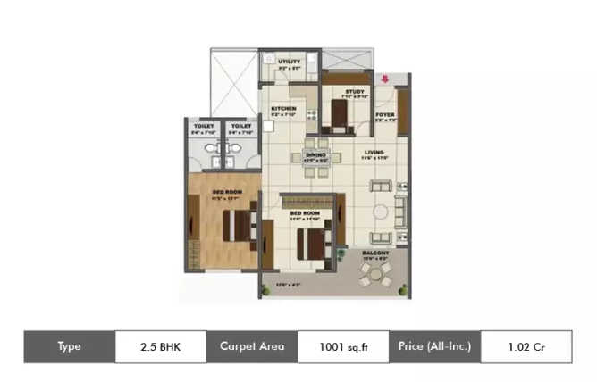 Shriram Chirping Woods Devanahalli - Floor plan 2.5 BHK 1001 Sq.ft