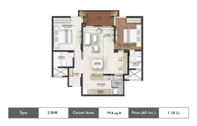 Shriram Southern Crest JP Nagar - Floor plan 2 BHK 994 Sq.ft