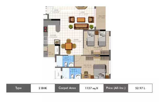Supertech Micasa Thanisandra - Floor plan 2 BHK 1127 Sq.ft