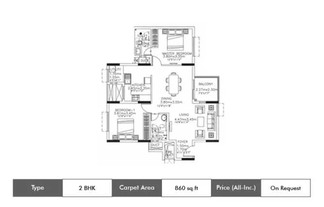 Kolte Patil Itowers Exente Electronic City - Floor plan 2 BHK 860 Sq.ft