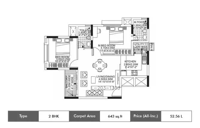 Kolte Patil Raaga Yerappanahalli - Floor plan 2 BHK 643 Sq.ft