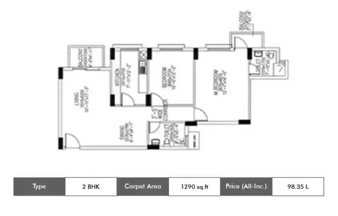 DLF Westend Heights Akshaya Nagar - Floor plan 2 BHK 1290 Sq.ft