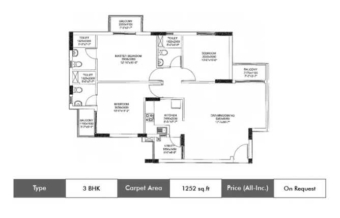DLF Maiden Heights Jigani - Floor plan 3 BHK 1252 Sq.ft