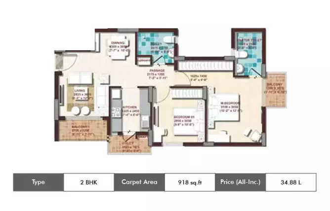 DLF Woodland Heights Jigani - Floor plan 2 BHK 918 Sq.ft
