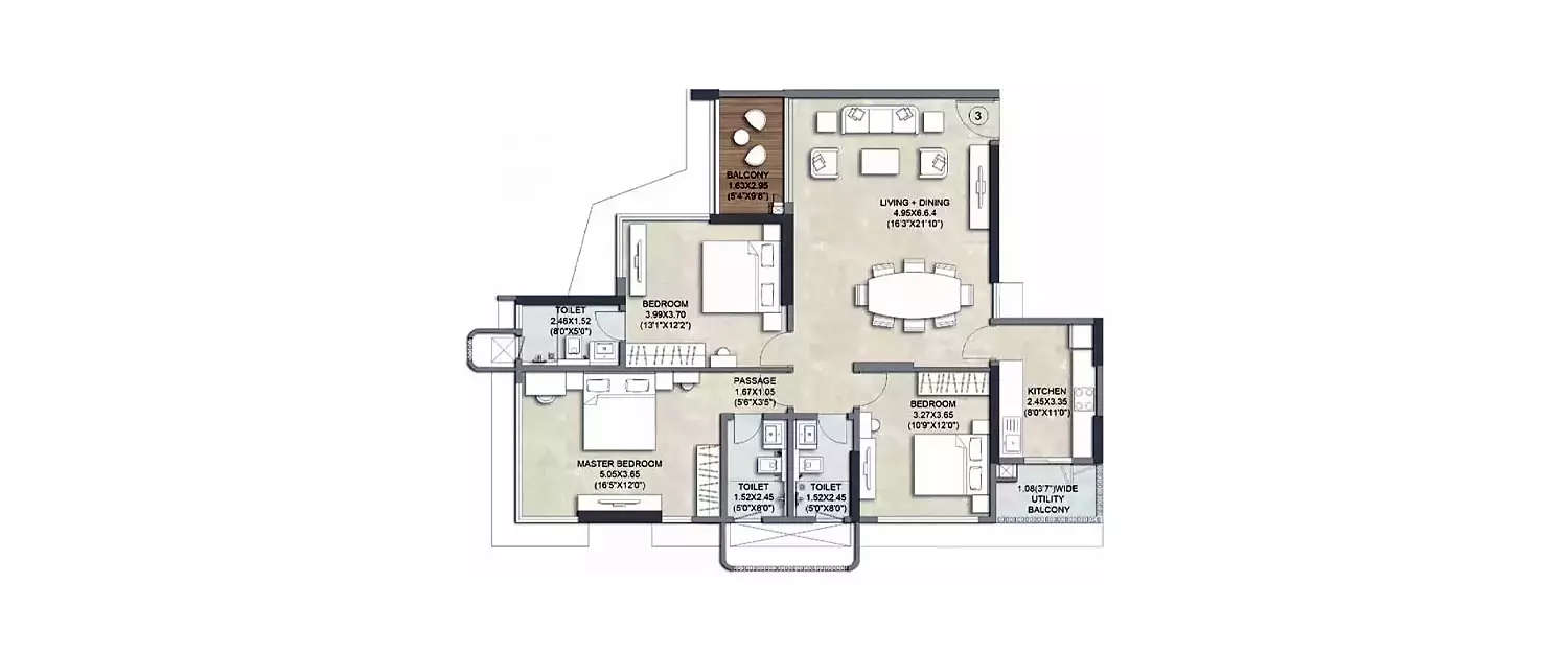 Floor plan for 3 BHK