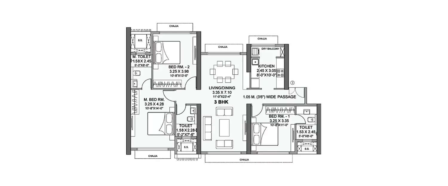 Floor plan for 3 BHK