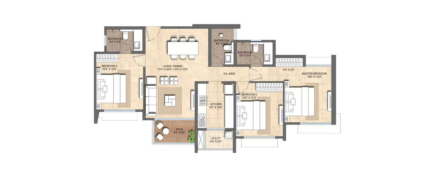 Floor plan for 3 BHK