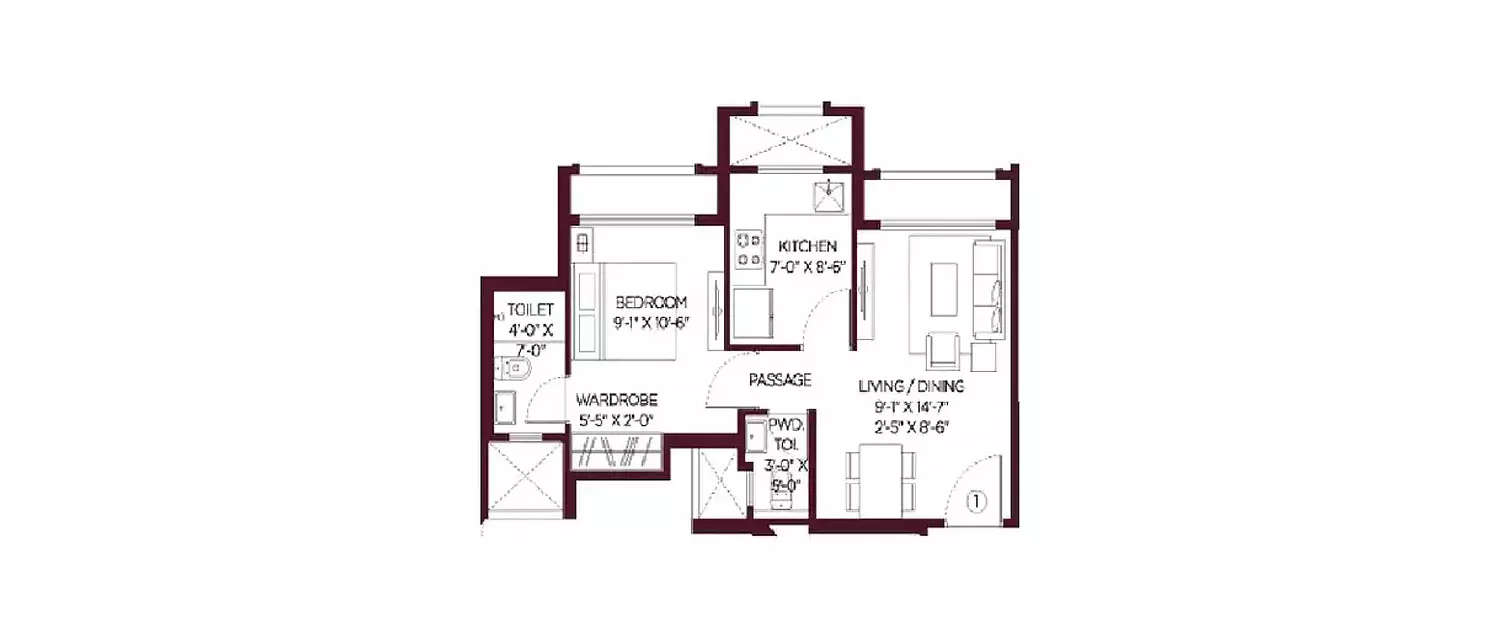 Floor plan for 1 BHK