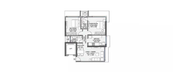 Wadhwa Pristine Matunga - Floor plan 2 BHK 732 Sq.ft