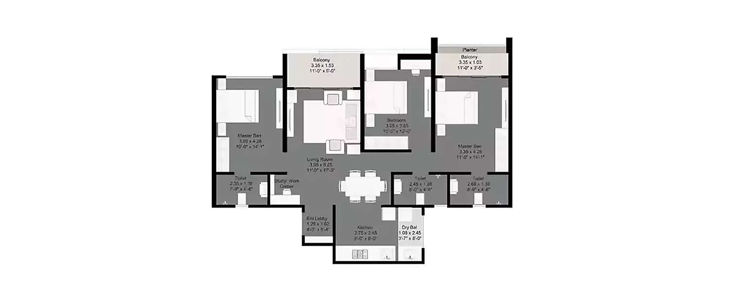 Floor plan for 3 BHK