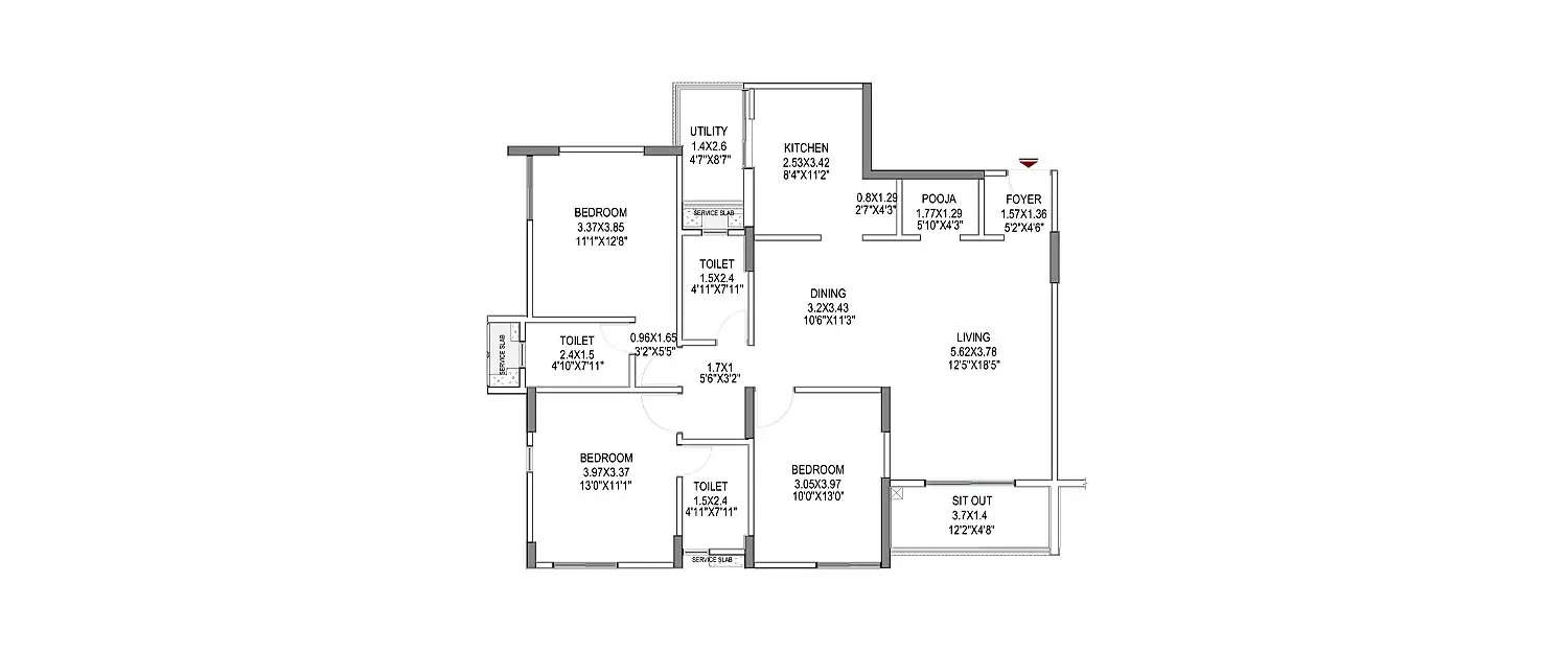 Floor plan for 3 BHK