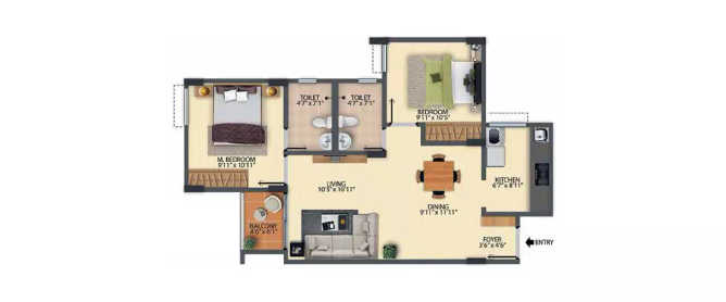 Pride Sunrise Jigani - Floor plan 2 BHK 797 Sq.ft