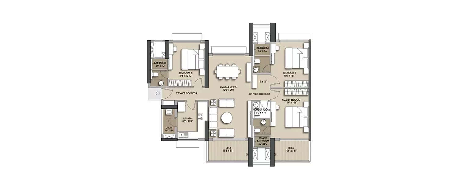 Floor plan for 3 BHK