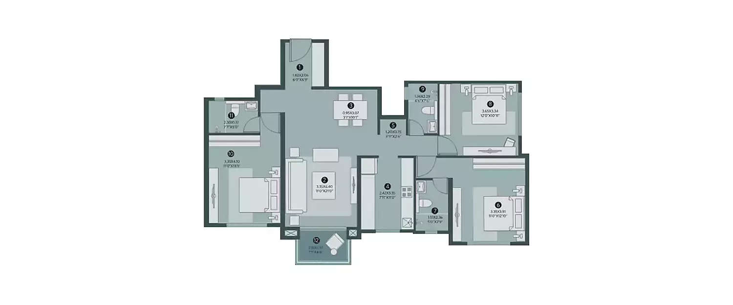 Floor plan for 3 BHK