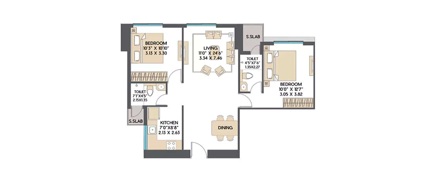 Floor plan for 2 BHK