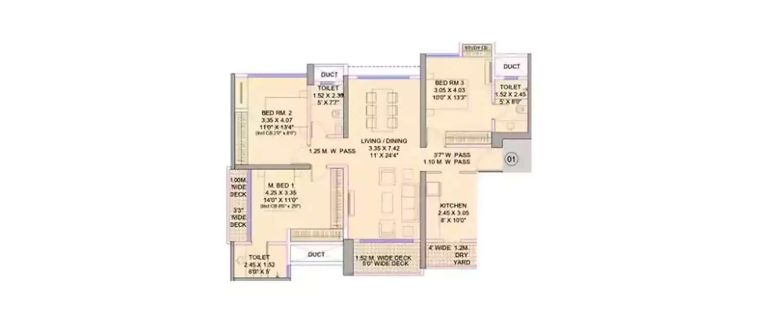 Floor plan for 3 BHK