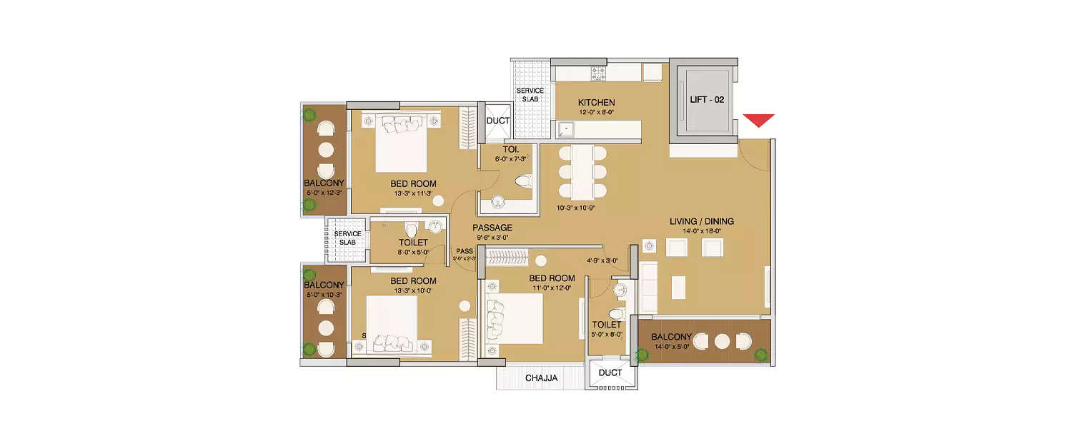 Floor plan for 3 BHK