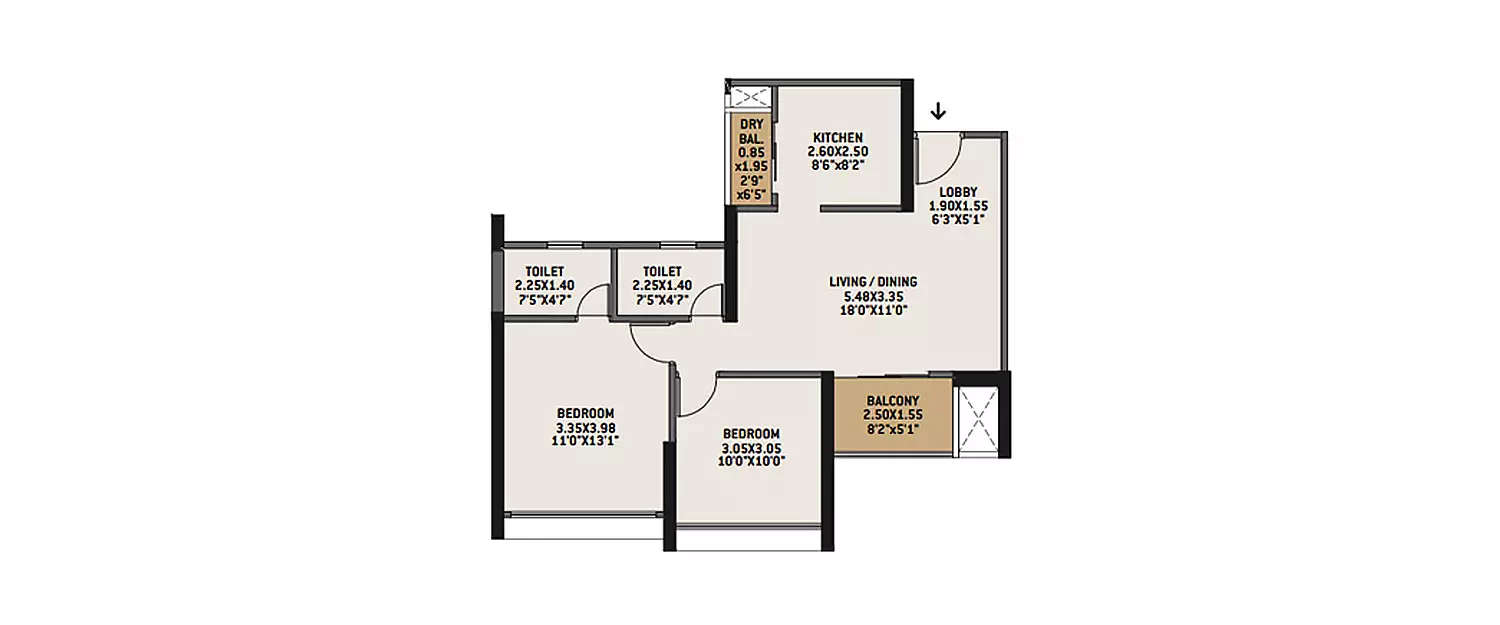 Floor plan for 2 BHK