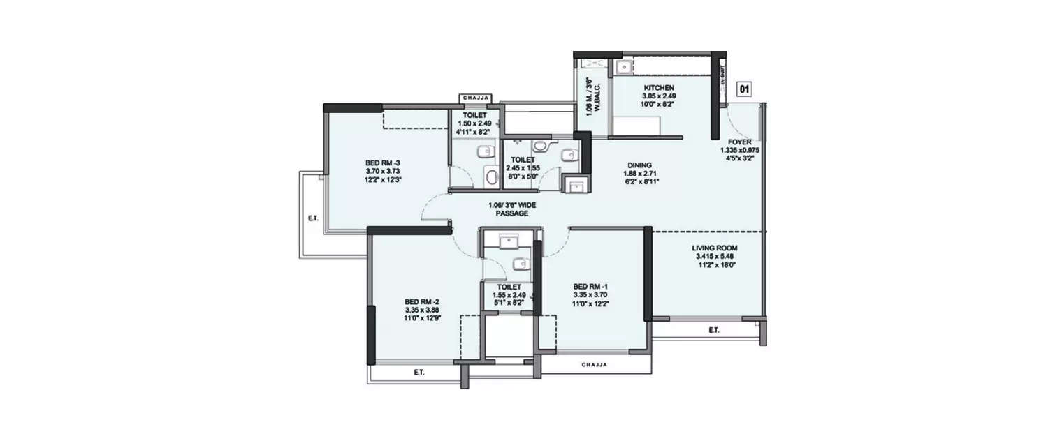 Floor plan for 3 BHK