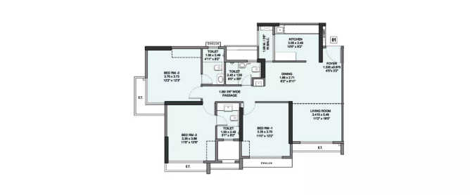 Wadhwa Elite Ghodbunder Road - Floor plan 3 BHK 1074 Sq.ft