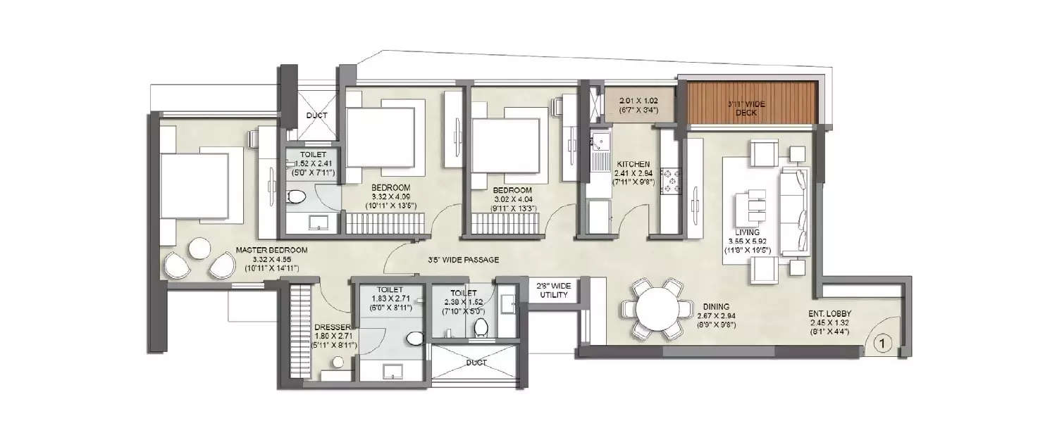 Floor plan for 3 BHK