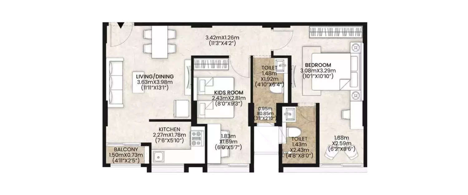Floor plan for 2 BHK