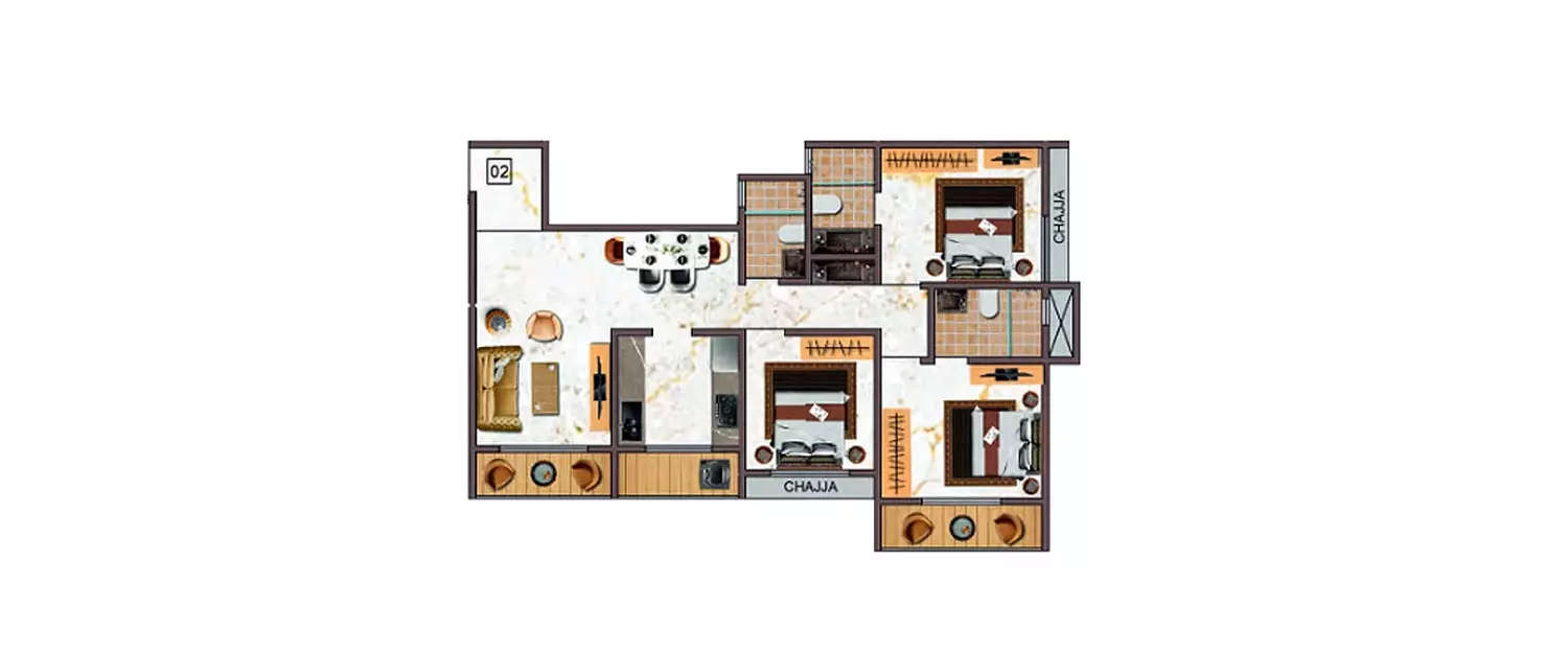 Floor plan for 3 BHK