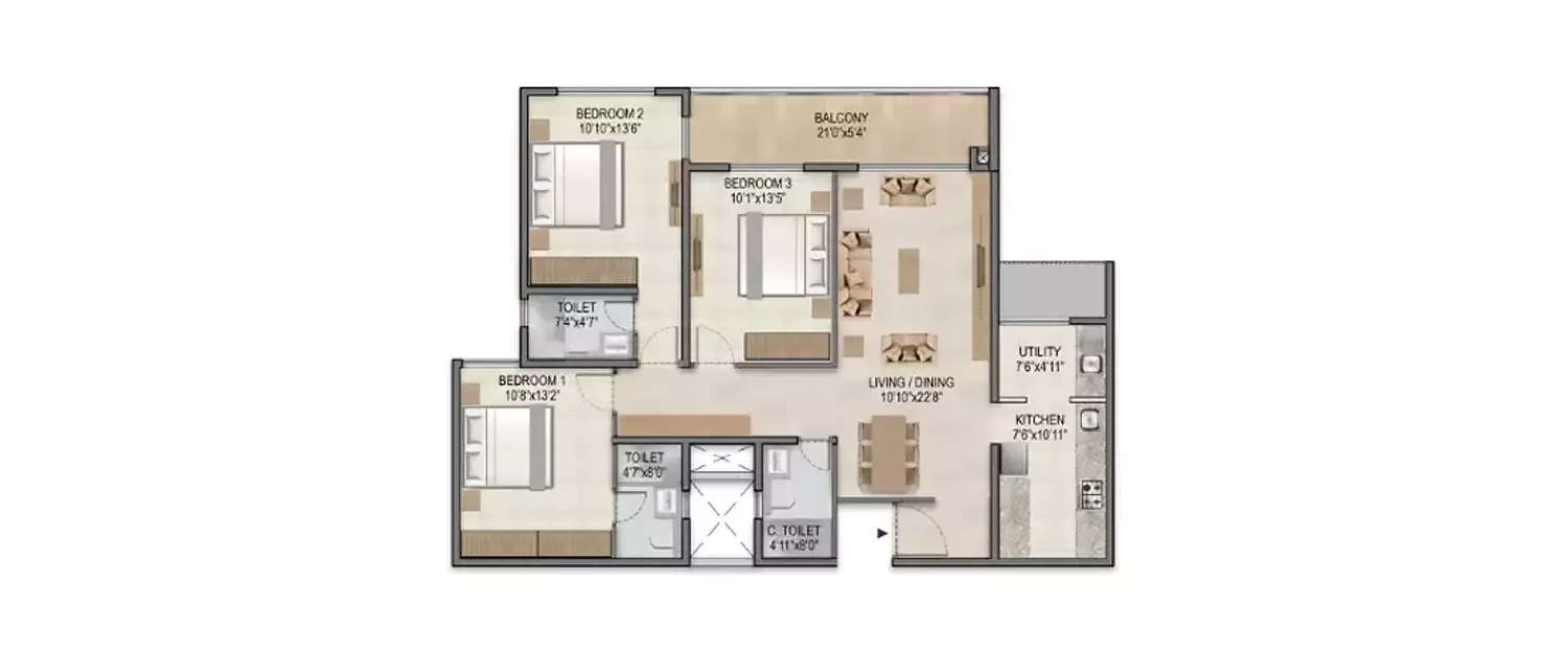 Floor plan for 3 BHK