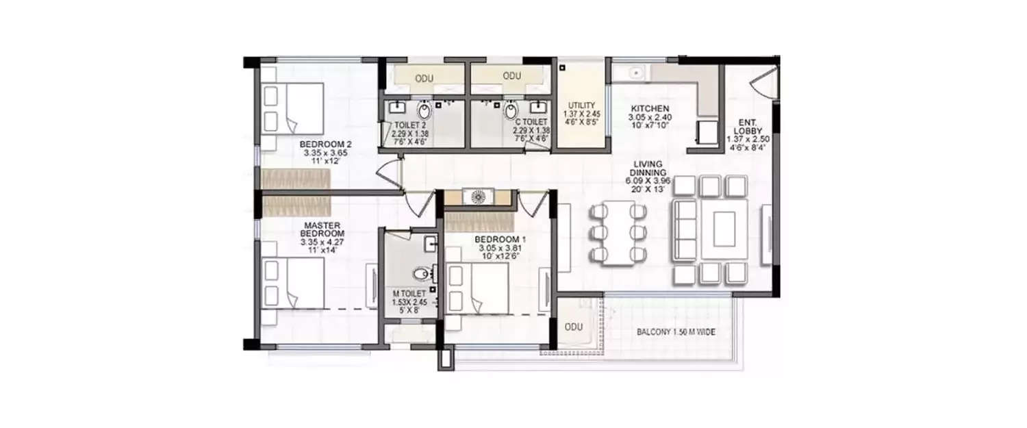 Floor plan for 3 BHK