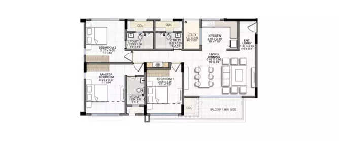 K Raheja Estrella Viva Pirangut - Floor plan 3 BHK 1007 Sq.ft