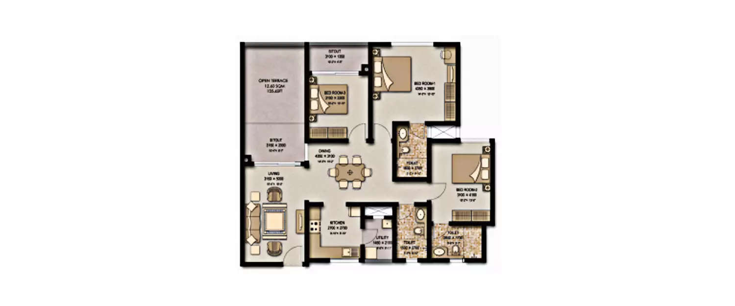 Floor plan for 3 BHK