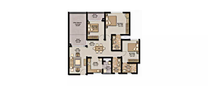 Sobha Meritta Nallambakkam - Floor plan 3 BHK 1953 Sq.ft
