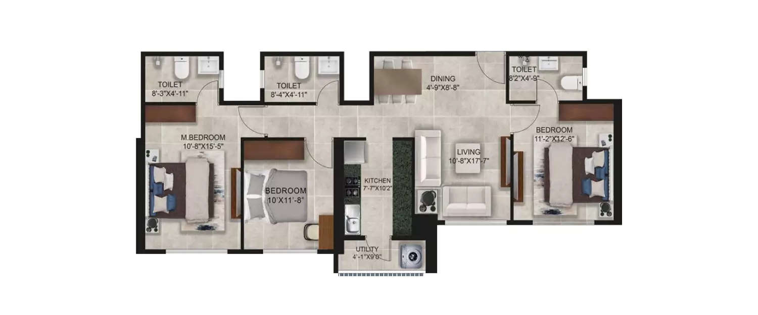 Floor plan for 3 BHK