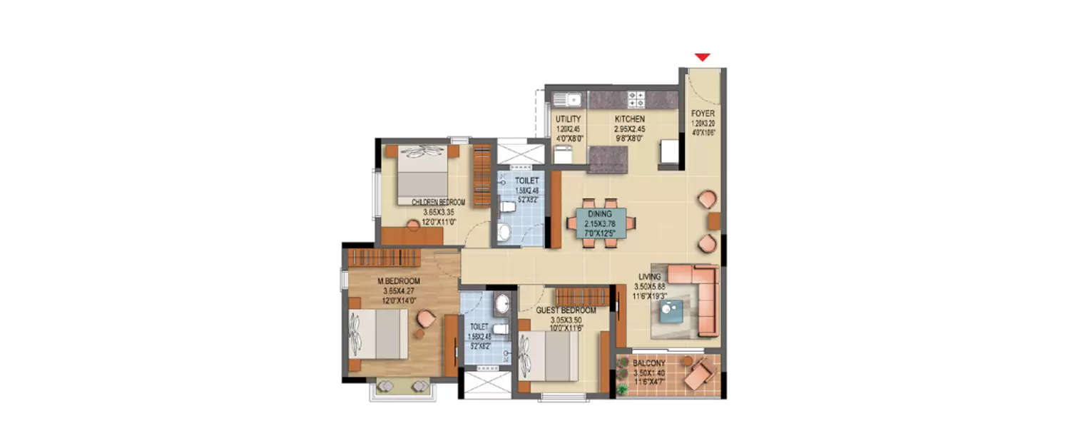 Floor plan for 3 BHK