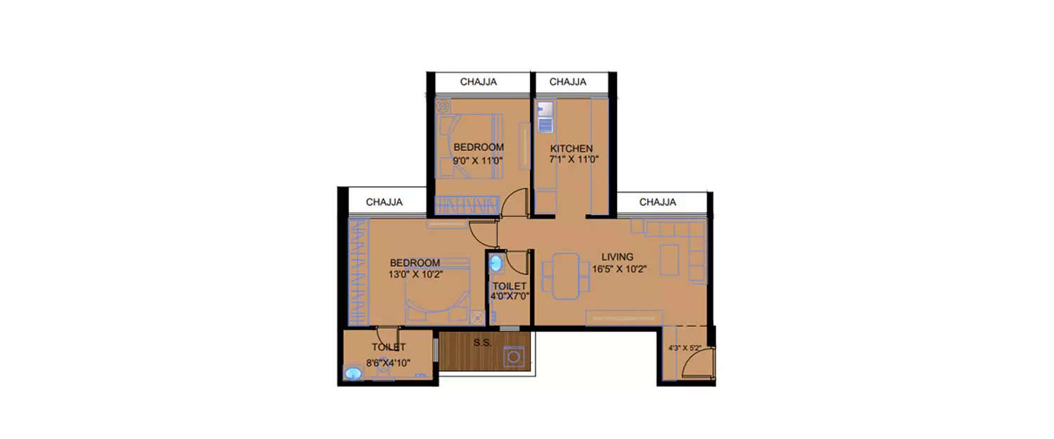 Floor plan for 2 BHK