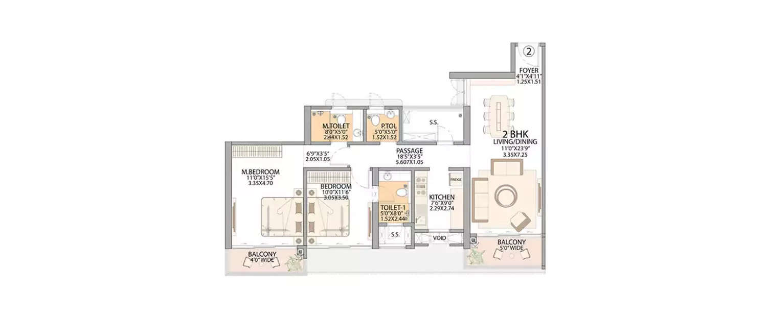 Floor plan for 2 BHK