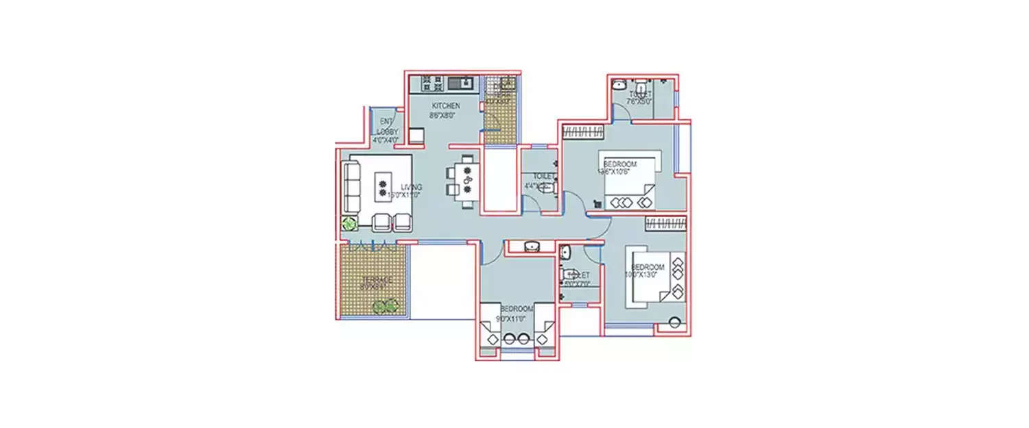 Floor plan for 3 BHK