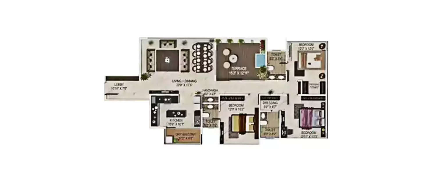 Floor plan for 3 BHK