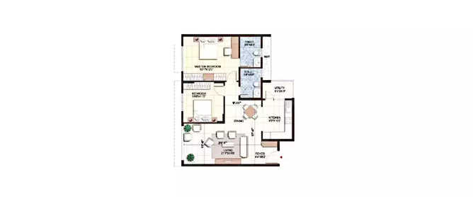 Purva Sunflower Binny Pete - Floor plan 2 BHK 1222 Sq.ft