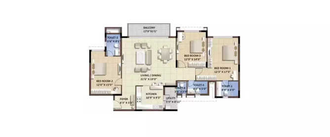 Purva Whitehall Devanahalli - Floor plan 3 BHK 1936 Sq.ft