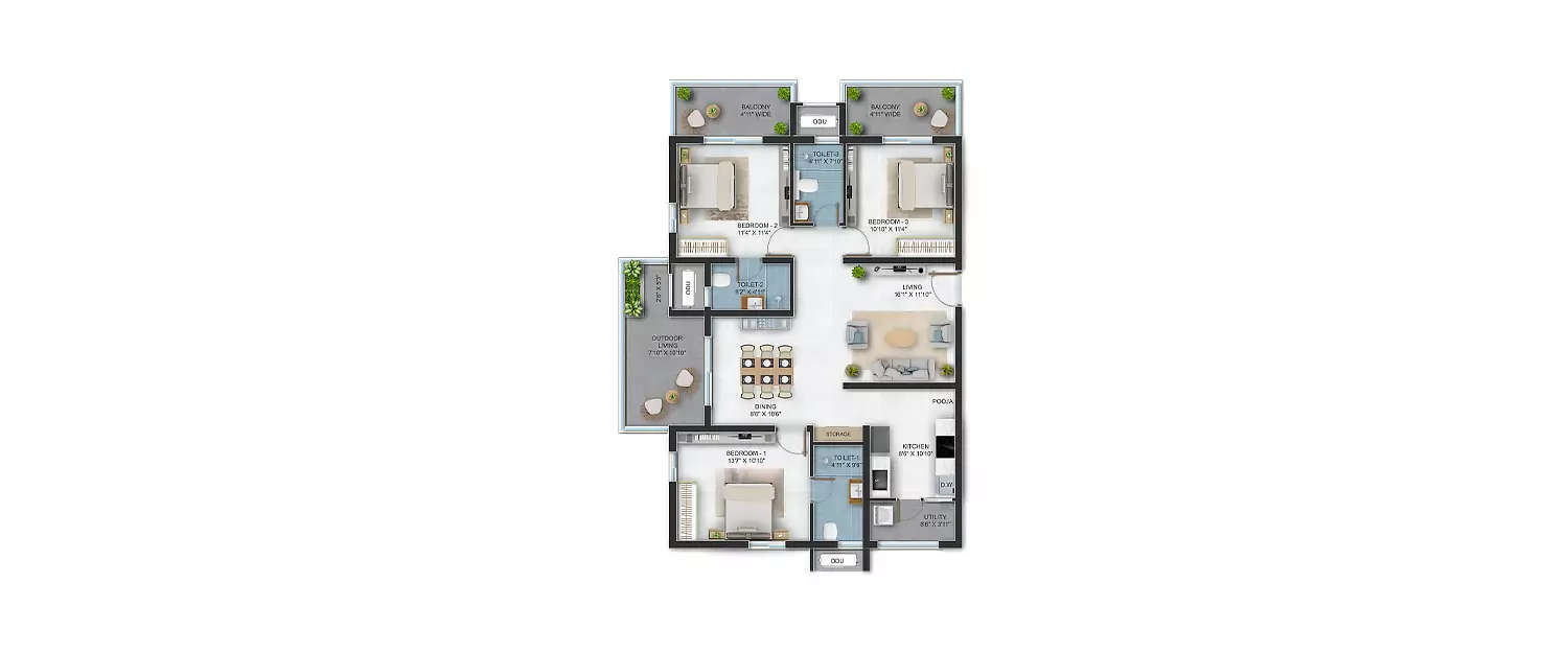 Floor plan for 3 BHK