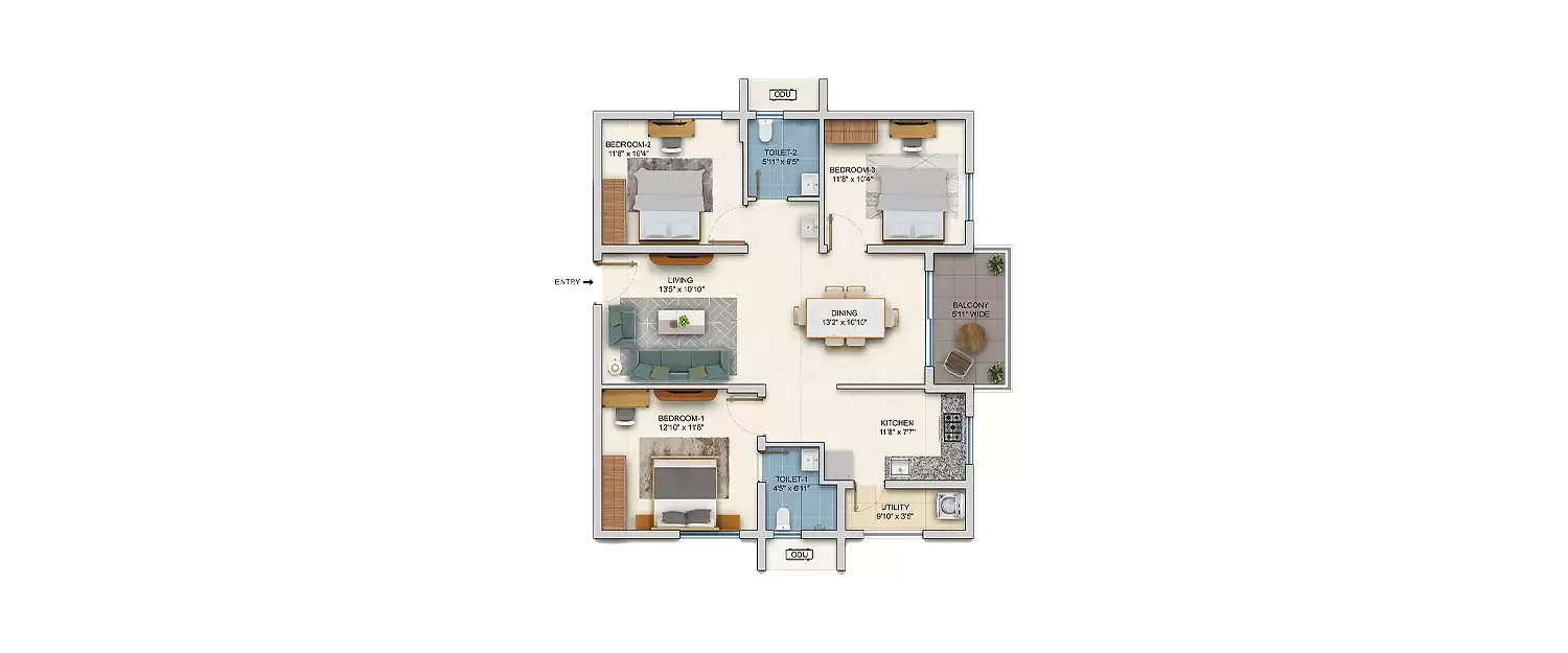 Floor plan for 3 BHK