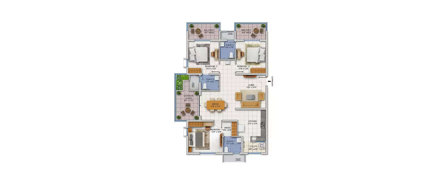 Floor plan for 3 BHK