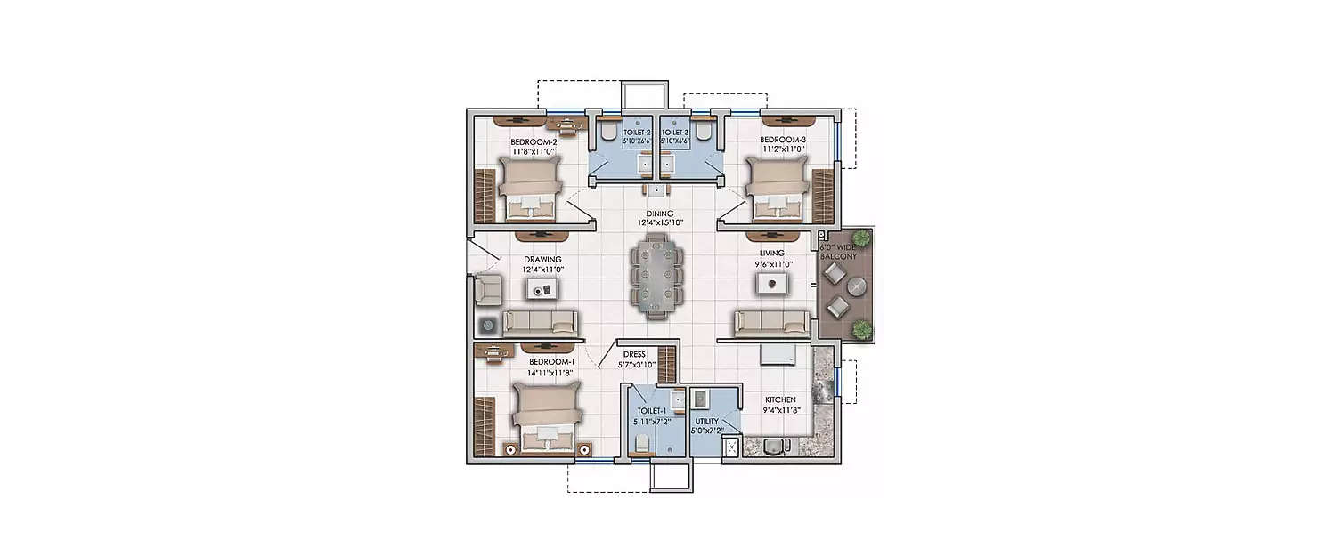 Floor plan for 3 BHK