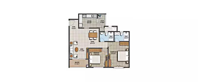 Purva The Waves Bileshivale - Floor plan 2 BHK 1232 Sq.ft